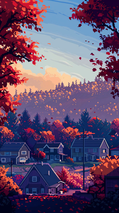 Cozy Pixel Art Town Wallpapers Series 2 #pixelarttown #pixelartcity #pixelart #wallpaper Pixel Halloween Wallpaper, Fall Lofi Wallpaper, Aesthetic Pixel Wallpaper, Pixel Art Background Iphone, Fall Pixel Art Wallpaper, Pixel Wallpaper Iphone, Night Illustration Wallpaper, Cozy Wallpapers Aesthetic, 8bit Background