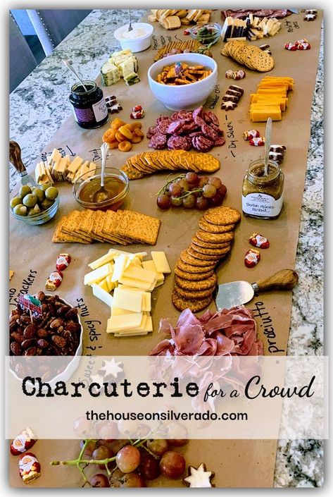 How to Build a Charcuterie Board to Feed a Crowd - The House on Silverado Charcuterie For A Large Crowd, Charcuterie Board Ideas For Large Crowds, Charcuterie Board For 35 People, Charcuterie Board Potluck, Charcuterie Potluck Party, Charcuterie Board For Large Crowd, Charcuterie Board Amounts Per Person, Charcuterie Potluck, Charcuterie For 100 People