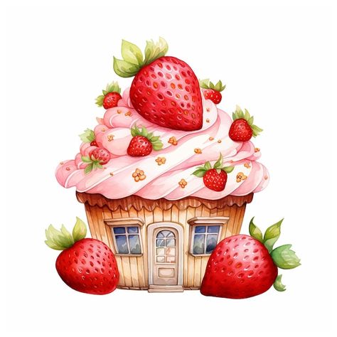 Cupcake Strawberry, Strawberry House, House Watercolor, Family Flowers, Cupcake Art, Free Clipart Images, Drawing Clipart, Butterfly Clip Art, Cute Clipart