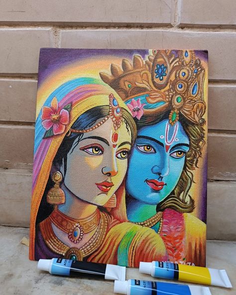 Materials used Canvas board 8×10 inches Acrylic colours from @thoovi.arts @miyahimi.in Radha Krishna paintings depict the divine love between Radha and Krishna, central figures in Hindu mythology and literature. These artworks are characterized by their vibrant colors, intricate details, and profound symbolism. Radha, the embodiment of devotion and love, is often shown gazing adoringly at Krishna, who plays his flute, enchanting her and the surroundings. The pastoral settings, lush landsca... Radha Krishna Ji Painting, Radha Krishna Wall Painting Ideas, Radha Krishna Painting On Wall, Radha Canvas Painting, Hand Painting Art Acrylics, Radha Krishna Watercolor Painting, Radhe Krishna Painting Canvas, Radha Krishna Painting On Canvas, Radha Krishna Acrylic Painting