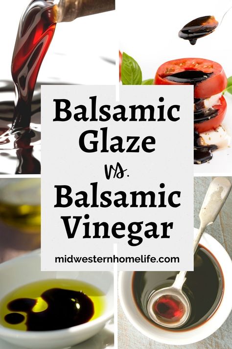 What's the difference between Balsamic Glaze and Balsamic Vinegar? Find out what they are and how to use them here. Reduced Balsamic Vinegar, Balsamic Glaze Recipes, Balsamic Vinegar Recipes, Types Of Vinegar, Homemade Condiments, Condiment Recipes, Balsamic Reduction, Balsamic Dressing, Marinade Recipes