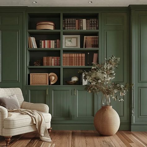 My Top 5 Dark Green Interior Paint Colors by Sherwin-Williams - Renee Renovates Moody Green Sherwin Williams, Warm Dark Green Paint Colors, Moody Green Paint Colors Sherwin Williams, Sw Vogue Green, Sherwin Williams Vogue Green, Vogue Green Sherwin Williams, Dark Green Library Room, Rookwood Shutter Green, Green Interior Paint Colors