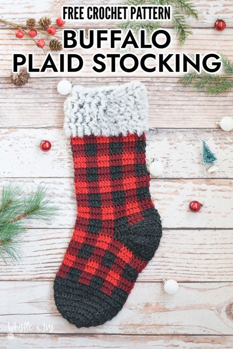 This classic crochet buffalo plaid stocking is perfect for adorning your mantel at Christmastime! Make a few in different color ways and enjoy the traditional flair they add to your Christmas decor. #crochet #moderncrochet #classiccrochet #plaidcrochet #buffaloplaidcrochet #buffaloplaidstocking #buffaloplaidcrochetstocking #furstocking #crochetgift Christmas Decor Crochet, Crochet Buffalo, Buffalo Plaid Stockings, Holiday Crochet Patterns, Crochet Christmas Stocking Pattern, Plaid Stockings, Plaid Christmas Stockings, Plaid Crochet, Crochet Stocking