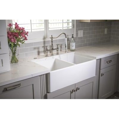 SINKOLOGY Farmhouse Apron Front 33-in x 18-in Crisp White Double Equal Bowl Kitchen Sink in the Kitchen Sinks department at Lowes.com Apron Kitchen Sink, Modern Outdoor Kitchen, Apron Sink Kitchen, Farmhouse Apron, Farmhouse Aprons, Double Bowl Kitchen Sink, Apron Kitchen, Bowl Kitchen Sink, Single Bowl Kitchen Sink