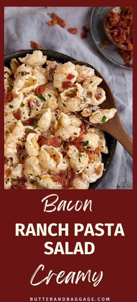 This is one of those summer BBQ dishes that will have everyone asking you for the recipe! With all the classic flavors of creamy ranch dressing, salty bacon, and sharp cheddar cheese, this pasta salad is a refreshing crowd pleaser that can be thrown together in less than 20 minutes. Bacon Cheddar Pasta Salad, Ranch Pasta Salad Recipes Hidden Valley, Easy Cheap Side Dishes Parties, Simple Side Dishes For Bbq, Pasta Salad Bacon Ranch, Bbq Potluck Dishes, Cheap Pasta Salad For A Crowd, Large Pasta Salads For A Crowd, Overnight Pasta Salad