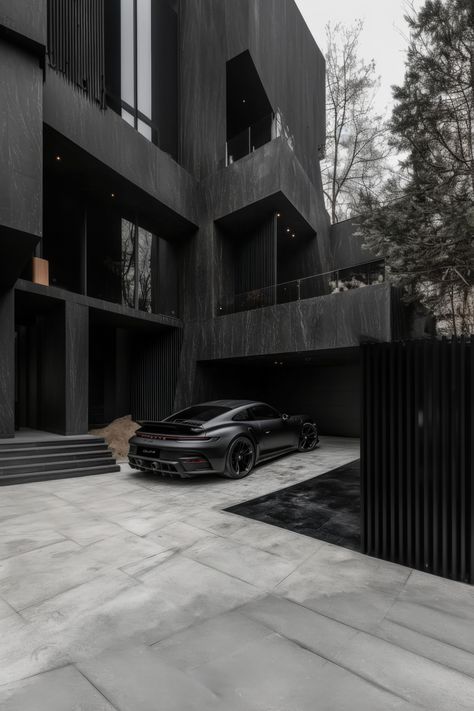 Showcase your modern black mansion with sleek lines and a stylish car to complete the perfect luxury look. All Black Mansion, Black Mansion Exterior, Modern Mansion Exterior Luxury, Modern Mansion Exterior, Black Luxury House, All Black House, Black Mansion, Black Modern House, Mansion Modern