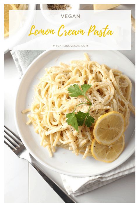 A simple and delicious meal, this Vegan Lemon Pasta with Cashew Cream Sauce can be made in under 30 minutes for the perfect weeknight or special occasion dinner. Serve it with a caesar salad or artisan bread for an impressive Italian feast. Vegan Lemon Pasta, Pasta With Lemon Sauce, Lemon Heaven, Cashew Cream Sauce, Italian Feast, Lemon Cream Sauces, Special Occasion Dinner, Cream Pasta, Butter Pasta