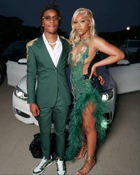 Olive Green Prom Suit, Green Prom Theme Couple, Green And White Prom Couple, Prom Tuxedo Ideas 2024, Prom Suit Colors, Olive Green Prom Dress Black Couple, Green Prom Black Couple, Green Prom Outfit Men, Emerald Green Tuxedo Prom