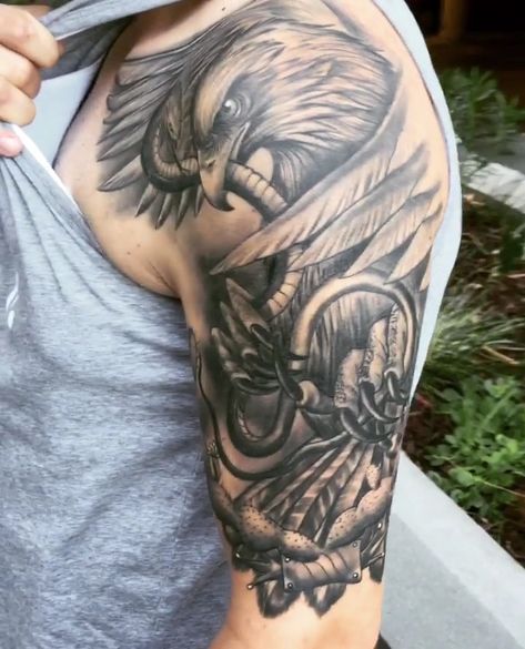 Mens Mexican Tattoos, Mexican Sleeve Tattoo Men, Golden Eagle Tattoo Design, Mexican Tattoo Ideas For Men Sleeve, Sixteenth Chapel, Mexican Eagle Tattoo Design, Snake Eagle Tattoo, Mexican Sleeve Tattoo, Mexican American Tattoos