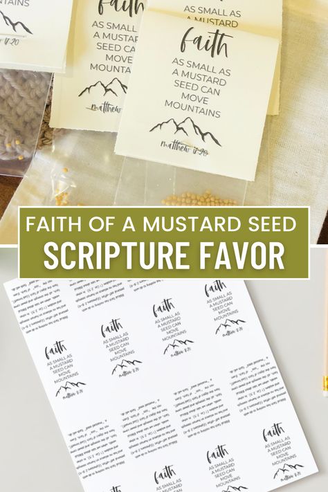 "Faith as Small as a Mustard Seed Can Move Mountains" scripture favor and free printable is perfect for churches, VBS, Sunday school or as a Soul Winning favors to help spread the Gospel message of Christ. Mustard Seed Gifts Diy, Mustard Seed Gift Ideas, Mustard Seed Scripture, Faith Like A Mustard Seed Craft, Mustard Seed Faith Craft Free Printable, Church Favors Ideas, Mustard Seed Crafts, Faith As Small As A Mustard Seed, Mustard Seed Craft