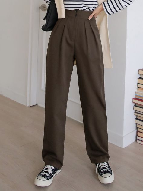 Coffee Brown  Collar  Fabric Plain Straight Leg Embellished Non-Stretch  Women Suits Straight Trousers Outfit, Checked Trousers Outfit, Women Suit Pants, Brown Pants Outfit, Pants Outfit Fall, Leg Pants Outfit, Brown Dress Pants, Trouser Outfit, Pants Outfit Casual