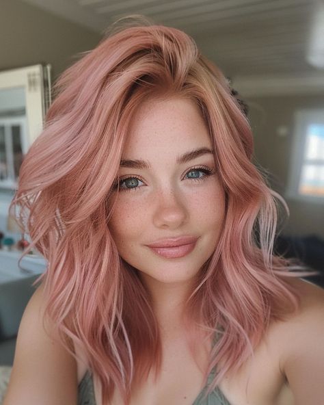 Cherry blonde hair color #Hair #haircut #hairstyle #instamood #instagood #trendhaircuts Muted Strawberry Blonde Hair, Cherry Blonde Hair Color, Fall Pink Hair, Pinkish Blonde Hair, Pastel Peach Hair, Medium Pink Hair, Cherry Blonde Hair, Cherry Blonde, Medium Shaggy Hairstyles