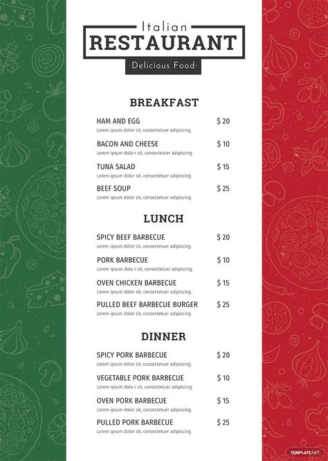 Instantly Download Free Italian Menu Template, Sample  Example in Microsoft Word (DOC), Adobe Photoshop (PSD), Adobe InDesign (INDD  IDML), Apple Pages, Microsoft Publisher, Adobe Illustrator (AI) Format. Available in (US) 8.5x11 inches + Bleed. Quickly Customize. Easily Editable  Printable. Italian Dinner Menu, Italian Food Menu, Canva Idea, Free Menu Templates, Menu Sans Gluten, Italian Menu, Menue Design, Menu Layout, Food Menu Template