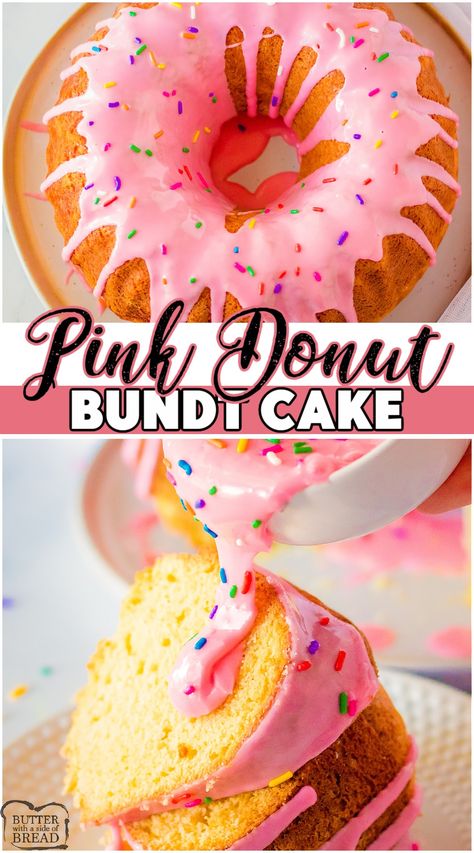 Donut Cake Diy, Donut Bundt Cake Recipes, Birthday Bundt Cake Recipes, Bundt Cake With Icing, Pink Bundt Cake, Frosting A Bundt Cake, Diy Donut Cake, Pink Donut Cake, Bundt Cake Icing