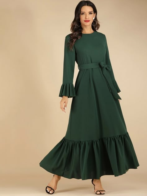 Flounce Sleeve Ruffle Hem Belted Dress | SHEIN USA Mode Dress, Knee Length Wedding Dress, Model Gamis, Green Lace Dresses, Outfit Inspired, Muslim Fashion Dress, Muslim Fashion Outfits, Tea Length Dresses, Flounce Sleeve