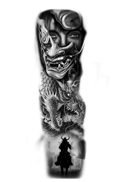 Samurai Full Sleeve Tattoo Design, Half Sleeve Tattoos For Guys Lower Arm, Samurai Tattoo Design Ideas For Men, Samauri Tattoos, Full Arm Tattoos For Guys, Samurai Dragon Tattoo, Leg Sleeve Tattoo Men Full, Tattoos For Guys Japanese, Samurai And Dragon Tattoo