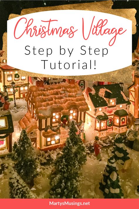 Step by step instructions on creating a Christmas village display as a family tradition. Included are money saving tips and a video tutorial! Christmas Village Platform Ideas, Christmas Village Display Table, Christmas Village Display Ideas Diy Easy, Christmas Village Display Ideas Layout, Diy Christmas Village Accessories, Diy Christmas Village Platform, Christmas Village Ideas, Christmas Village Display Ideas Diy, Camp Christmas