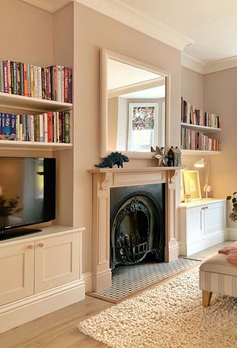 Tv In Victorian Living Room, Edwardian Front Room Ideas, Victorian Flat London Interior Design, Semi Detached House Interior, Victorian Terrace Fireplace, Contemporary Victorian Interiors Living Room, Tv Unit Victorian House, Victorian Through Lounge, Period Property Living Room