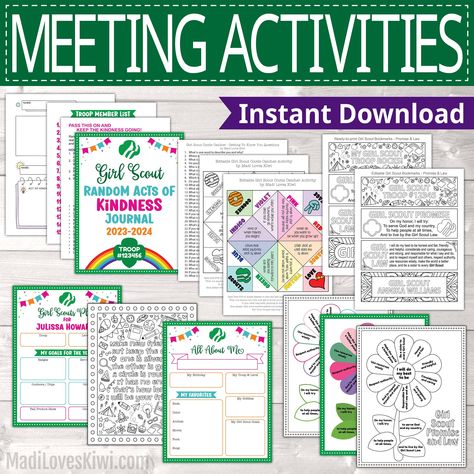 "This big bundle of printable Girl Scout meeting activities will help your Girl Scout Troop get to know each other better and have a blast at meetings! This collection of best selling printable activities include editable PDFs, ready-to-print PDFs, and ready-to-print JPGs that you can use for your troop this year and in future years! Each item is also sold separately in my shop, but you get a great deal on this huge pack, which is valued at $38!  ☆ WHAT YOU GET☆  Zipped/compressed files with: 1. An 8.5\"x11\" Editable PDF Kindness Journal Cover 2. An 8.5\"x11\" Editable PDF Kindness Journal Instructions & Member List 3. An 8.5\"x11\" Ready-to-print PDF Kindness Journal Pages (not editable) 4. An 8.5\"x11\" High Resolution JPG with Black and White Coloring Page 5. An 8.5\"x11\" High Resolut Daisy Troop First Meeting Activities, Girl Scout Meeting Activities, Girl Scout Activity Ideas, Girl Scout Leader Binder, Cootie Catcher Template, Kindness Journal, Girl Scout Law, All About Me Worksheet, Meeting Activities