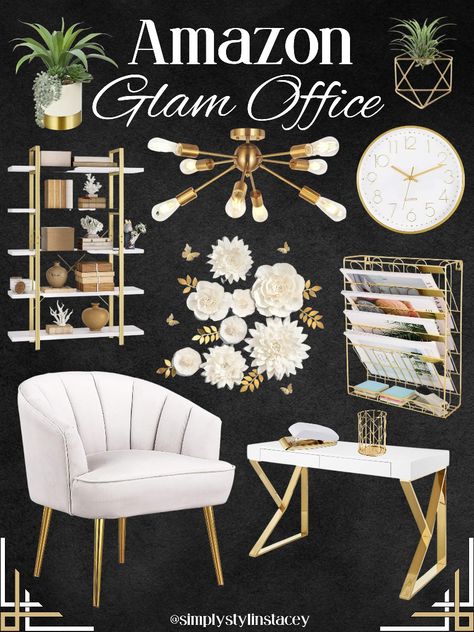 Glam Home Office White And Gold, White And Gold Office Desk, White And Gold Desk Office, Office Decor Gold Accents, Black White Gold Home Office, White Gold Black Office, Home Office Gold Accents, Glam Classroom Decor, Black White And Gold Home Office