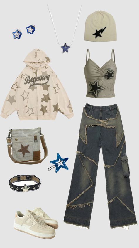 Idea: Star outfit, beige + blue ⭐ Y2k Star Aesthetic Outfits, Star Related Outfits, Star Core Clothes, Star Gazing Outfit, Y2k Star Clothes, Cute Star Outfits, Y2k Outfits Star, Star Y2k Outfit, Star Theme Outfit