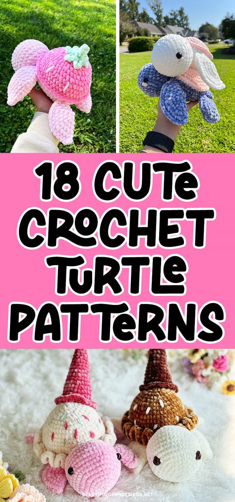 You'll adore these 18 cute crochet turtle patterns, including charming strawberry turtles, cozy plushie turtles, vibrant sunflower turtles, crochet ice cream turtles, and more. Amigurumi With Chunky Yarn, Succulent Turtle Crochet Pattern, Free Cute Crochet Amigurumi Patterns, Stuffie Crochet Pattern, Cute Turtle Crochet Pattern Free, Free Crochet Patterns For Turtles, Crochet Large Plushies Pattern Free, Turtle Blanket Crochet Free Pattern, Crochet Stuffed Animals Free Patterns Beginner