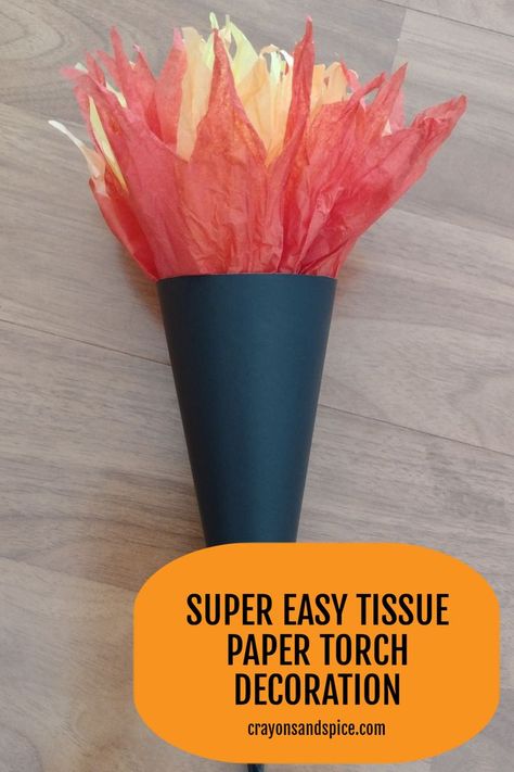 Picture of a tissue paper torch Torch Decoration, Kingdom Vbs Crafts, Castle Classroom, Castle Dungeon, Torches Diy, Kingdom Vbs, Paper Castle, Sticky Tack, Castle Party