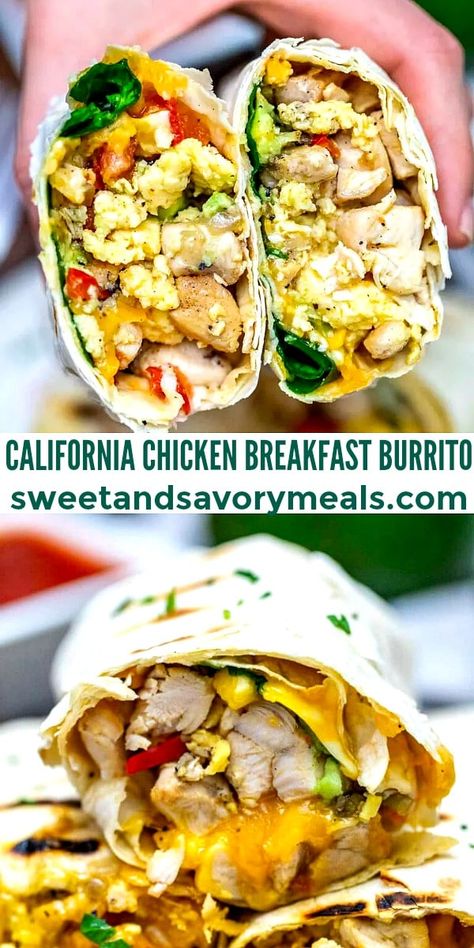 Healthy Chicken Breakfast Recipes, Eggs Chicken Breakfast, Breakfast Chicken Burritos, Breakfast With Chicken Ideas, Grilled Chicken Breakfast Ideas, Eggs And Chicken Breakfast, California Breakfast Burrito, Healthy Breakfast With Chicken, Canned Chicken Breakfast Recipes