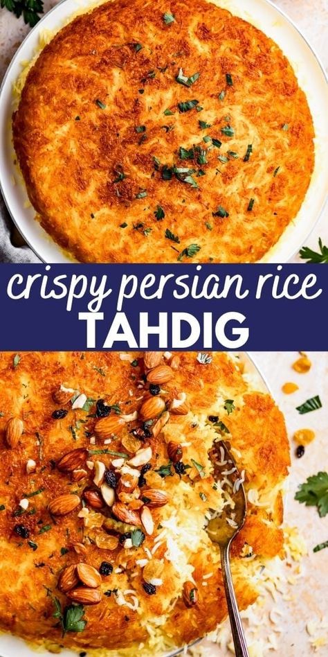 Seasoned with saffron, turmeric, and yogurt, this crispy Persian tahdig is packed with warm, golden colors and Middle Eastern flavors. Crunchy and fluffy all at once, it'll be the best rice you've had in a while. In fact, you might never want to make rice without a crispy bottom ever again. Persian Tahdig, Persian Rice Recipe, Tahdig Recipe, Diethood Recipes, Middle Eastern Rice, Iranian Dishes, The Best Rice, Grilled Turkey Burgers, Saffron Recipes