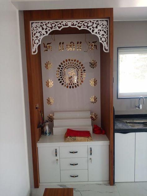 Pooja Room With Kitchen, Devghar In Kitchen, Puja Room In Kitchen, Temple In Kitchen Design, Pooja Room In Kitchen, Pooja Room In Kitchen Ideas, Poja Room Ideas, Small Pooja Room In Living Room, Pooja Mandir Door Designs