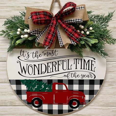 Christmas Round Wood Signs Red Truck, Winter Circle Sign, Christmas Wood Door Rounds, Round Wood Christmas Door Hanger, Wood Round Door Hangers Christmas, Christmas Round Door Hanger, Circle Christmas Door Hangers, Winter Wood Rounds, Round Christmas Door Hangers Wooden