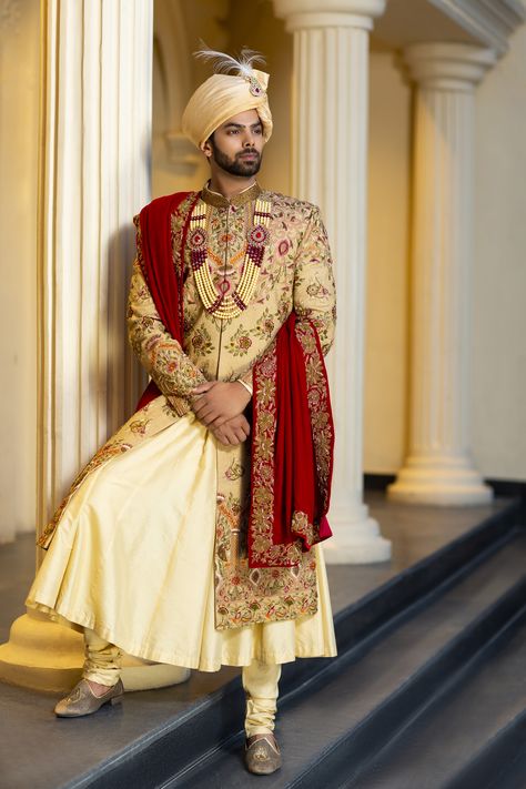 shervani wedding groom wear #groomwear #indianmen #weddingcollection #sabyasachicollection #royalwedding #weddingtime #bestsherwani #designershervani #designersherwaniformen Groom Turban, Sabyasachi Collection, Ancient Clothes, Portraits Painting, Groom Sherwani, Men Costume, Indian Groom Wear, Wedding Dresses Men Indian, Ethnic Dresses