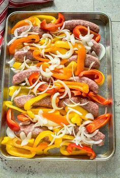 Easy Sausage and Peppers - Roasted in the oven in one pan and ready in under an hour! The BEST sausage and peppers!! #sausageandpeppers #sausageandpeppersinoven Baked Sausage And Peppers, Italian Sausage In Oven, Baked Italian Sausage, Baked Sausage, Pan Sausage, Sausage Peppers And Onions, Sausage Recipes For Dinner, Sausage Peppers, Sweet Onions