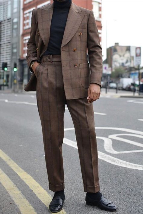 Mens Turtleneck Suit, Brown Suit With Turtleneck Men, Suit Shirts Men, Turtleneck Suit Men, Black And Brown Suit, Brown Suit Men, Brown Double Breasted Suit, Chocolate Brown Suit, Vintage Brown Suit