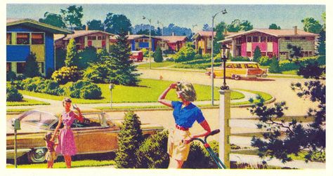 Mid-century suburbia. #vintage #1950s #1960s #family 50s Suburbia Aesthetic, Vintage 1950s Aesthetic, 1950s Aesthetic, Family Illustration, Old Ads, Retro Home Decor, Life Photo, Street Scenes, Simple Art