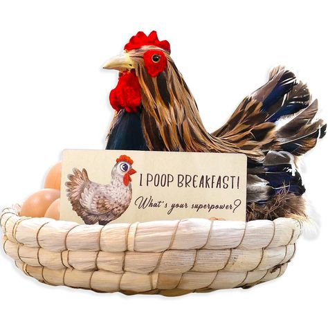 PRICES MAY VARY. 7.8 inch realistic chicken with 5 fake eggs and come with funny chicken quotes wooden sign which can be placed freely. Fake chicken with real feather. Plastic model covered by assorted brightly colorful real feather, highly vivid fake chicken statue, eco-friendly. Fake hen's dimension is 7.8inch x 7.0inch x 6.3inch. The straw basket diameter is 7.8inch. 5PCS fake eggs are included: 2pcs small fake eggs are under the hatching hen's wings and 3pcs big fake eggs are in the straw ba Fake Chicken, Chicken Statue, Chicken Quotes, Wooden Signs With Sayings, Chicken Decor, Patio Kitchen, Funny Chicken, Straw Basket, Chicken Humor