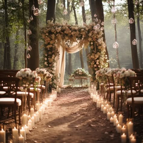 Lanterns At A Wedding, Wedding In Woods Forests, Ethereal Woodland Wedding, Enchanted Forest Wedding Theme Color Palettes, Mystical Wedding Theme, Indoor Forest Wedding, Night Court Wedding, Woodsy Wedding Dress, Forest Wedding Arch