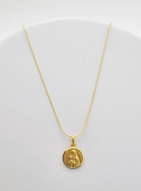 Saint Rita gold plated sterling silver round medal,gold plated silver necklace of  diameter of the medal; 15mm chain options : 40,45,50 cm Saint Rita, St. Rita, Saint Jewelry, Catholic Saint, Santa Rita, Star Chain, Free Bracelet, Gold Plated Necklace, Metal Necklaces