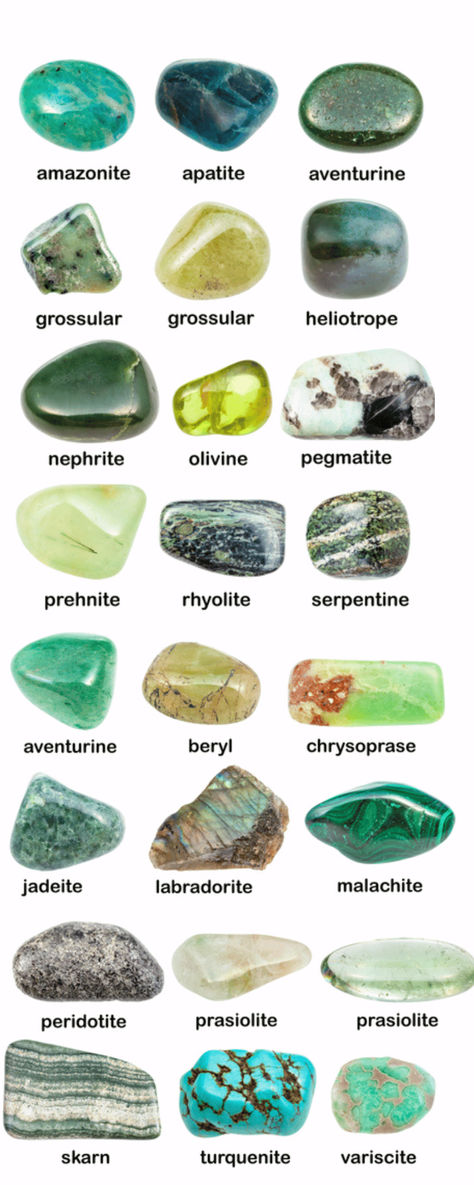 Green is a vibrant color that’s beloved by much of humanity, reminding us of the tranquility of nature. Here is a list of 13 green crystals, rocks, minerals and gemstones that can be found in nature. Crystal Rocks Stones, Blue And Green Crystals, Green Crystals Identification, Green Adventure Crystal, Green Rocks, Crystal Identification, Mineral Identification, Minerals Crystals Stones, Gemstones Chart