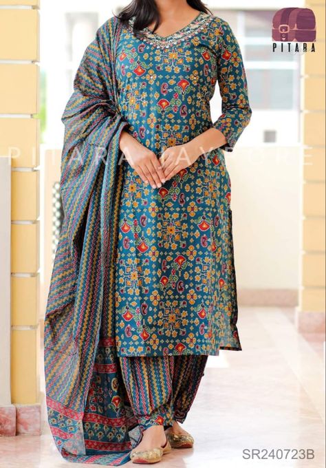 #cotton #cottonsuit #ladiesfashion #ladieswear SC025 Spering is here and it's just the right to welcome florals in your wardrobe. This easy breezy A-Line cotton suit showcasing playful prints, lace, sequin detailing is sure to steal the limelight on any occasion. Fabirc-- Cotton 60,,60 Kurti Length ----- 44+ Pant Length------- 39+ Duptta Length------- 2.20 Available size ------------ 38, 40, 42, 44 Price: 2080 ship free #ethnicwear #ladieswear #ladiessuits #ladiessuit Palazzo Kurta, Cotton Suit Designs, Churidar Designs, Simple Kurta Designs, Designer Kurti Patterns, Cotton Kurti Designs, Elegant Blouse Designs, Dress Design Patterns, Trendy Dress Outfits