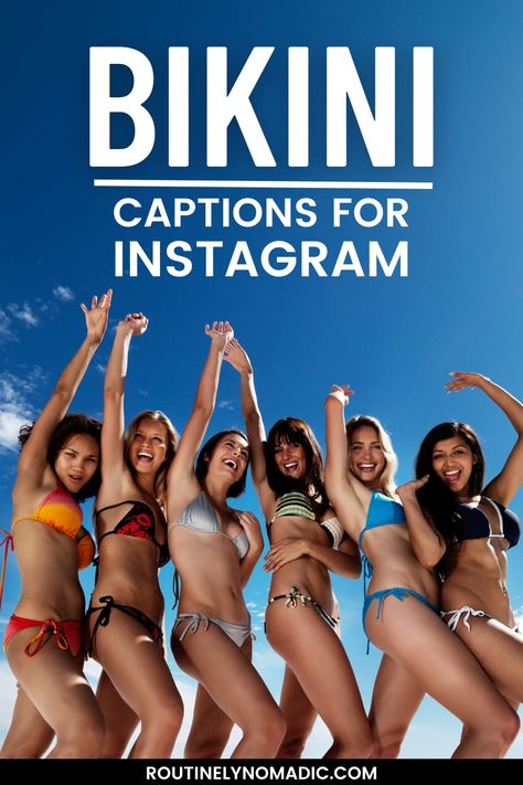 Women in bathing suits and blue sky with words bikini captions for Instagram Pool Selfie Captions, Pool Captions For Instagram Baddie, Bathing Suit Captions Instagram, Swimsuit Captions For Instagram, Bathing Suit Captions, Beach Captions For Instagram Bikinis, Swimsuit Quotes, Summer Body Quotes, Funny Beach Captions