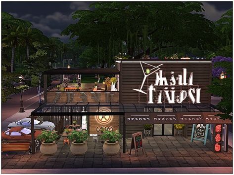 Industrial Restaurant Exterior, Cute Restaurant Exterior, Restaurant Tycoon 2 Designs, Ts4 Restaurant, Sims 4 Nightclub, Sims Restaurant, Bloxburg Restaurant, Restaurant Building, Sims 4 Restaurant