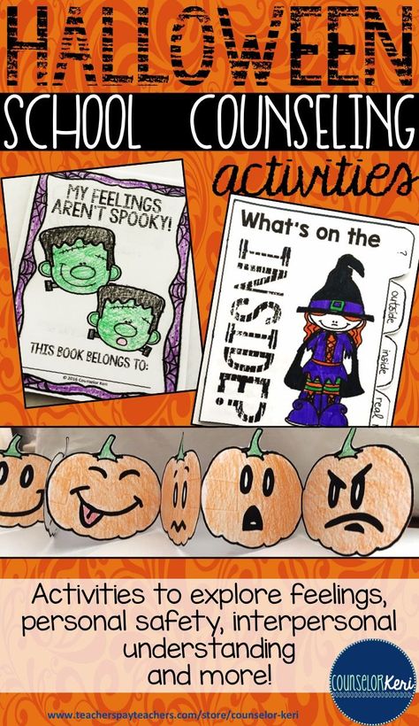 Halloween activities and resources for elementary school counseling! -Counselor Keri Halloween Therapy Activities, Halloween School Activities, Counseling Crafts, Counseling Interventions, Counselor Keri, Behavior Reflection, Social Skills Lessons, Elementary School Counselor, School Counseling Lessons