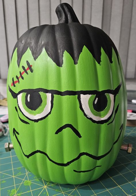 Groot Pumpkin Painting, Frankenstine Pumpkin Paint, Frankenstein Pumpkin Ideas, Frankinstine Pumpkin Painting Ideas, Painted Frankenstein Pumpkin, Pumpkin Frankenstein Face, Halloween Pumpkins Painted Easy, Frankenstein Painted Pumpkins, Frankinstine Pumpkin Painting