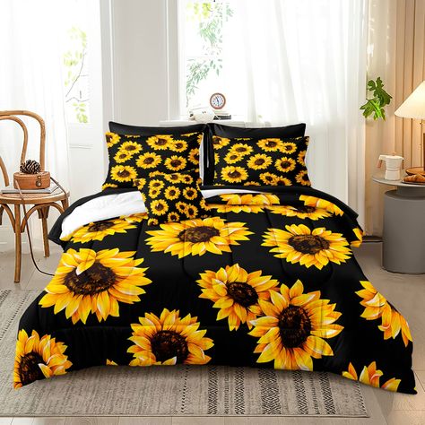 PRICES MAY VARY. SUNFLOWER FULL SIZE BED IN A BAG - 8 Pieces include 1 comforter 79*90, 2 sunflower pillowcases 20*30, 1 solid flat sheet 82*98,1 solid fitted sheet 54*75, 2 solid color pillowcases 20*30 and 1 sunflower cushion cover 18*18. BLACK SUNFLOWER PATTERN - The design of the sunflower create a pastoral style bedroom for your kids. It's a good gift choice for families and friends. SOFT MATERIAL - Made of 100% microfiber outer fabric and 200GSM microfiber filling.Super soft and comfortabl Sunflower Bedroom, Cama Queen Size, Black Sunflower, Flower Bedding, Pillowcase Pattern, Bed In A Bag, Queen Comforter Sets, Bed Sets, Bed Duvet Covers