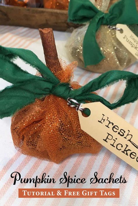 Make these adorable pumpkin spice sachets for Fall. They only take a couple of minutes to make and they smell wonderful. Make a few for yourself or to give as gifts. Diy Fall Popourie, Fall Party Favors Diy, Thanksgivjng Gifts, Fall Party Favor Ideas, Pumpkin Spice Gift Basket, Fall Treat Bags For Adults, Pumpkin Spice Crafts, Fall Party Favors For Adults, Fall Party Favors For Women