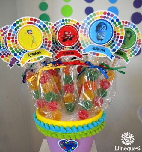 Inside Out | CatchMyParty.com Inside Out 2 Centerpieces, Inside Out Party Favors, Inside Out Food Ideas, Inside Out Birthday Party Decorations, Inside Out Birthday Party, Inside Out Party, Inside Out Party Ideas, Inside Out Birthday, Birthday Party Treats