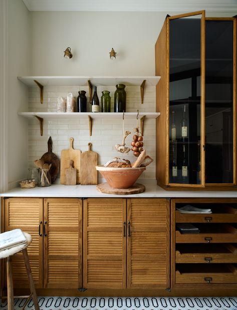 The pantry of dreams. Mid-century inspired oak cupboards from our Haberdasher's range, creamy stone worktops and open shelving. It's so good. #deVOLKitchens #WalkInPantry #Haberdashery Kitchen Devol, Traditional English Kitchen, Edinburgh Flat, Kitchen Cabinets Upgrade, Types Of Kitchen Cabinets, Kitchen 2024, Transitional Farmhouse, Oak Cupboard, Devol Kitchens