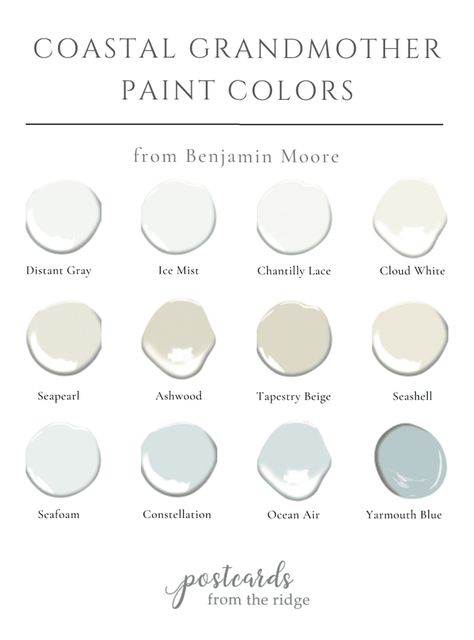 Coastal Grandmother Style Decor and Paint Colors - Postcards from the Ridge Coastal Cottage Kitchen, Coastal Paint Colors, Coastal Paint, Croft House, Beach House Colors, House Color Palettes, Coastal Grandmother, Paint Color Schemes, Best Paint