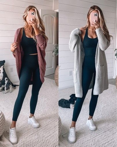 Bra top: xs // cardigan: small (grey) xs (red) // legging: xxs (wearing black) // sneaker: size up a full size Cardigan Leggings Outfit, Black Leggings Casual, Sweater Cardigan Outfit, Long Cardigan Outfit, Leggings Outfit Ideas, Leggings Outfit Casual, Black Leggings Outfit, Leggings Outfits, Perfect Leggings